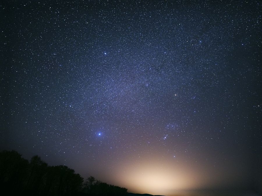 大酱缸村外的夜空，一颗很亮的星悬在地平线的光晕上方，左侧是树的剪影