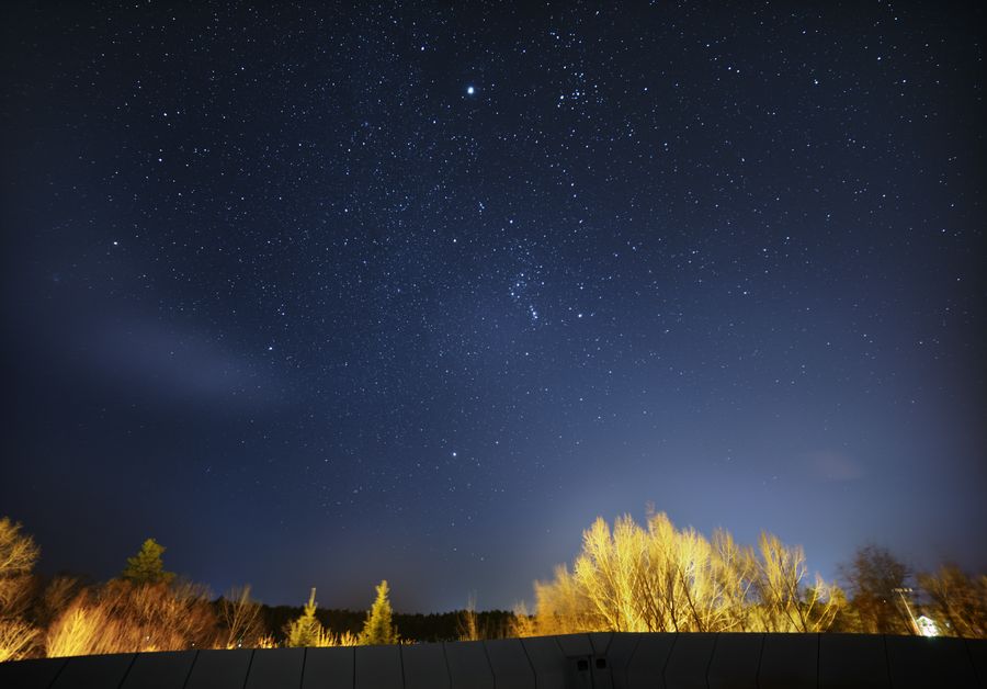 二道白河镇外，地平线泛着微光，树木在星空下成为剪影，地面被微弱的光照亮