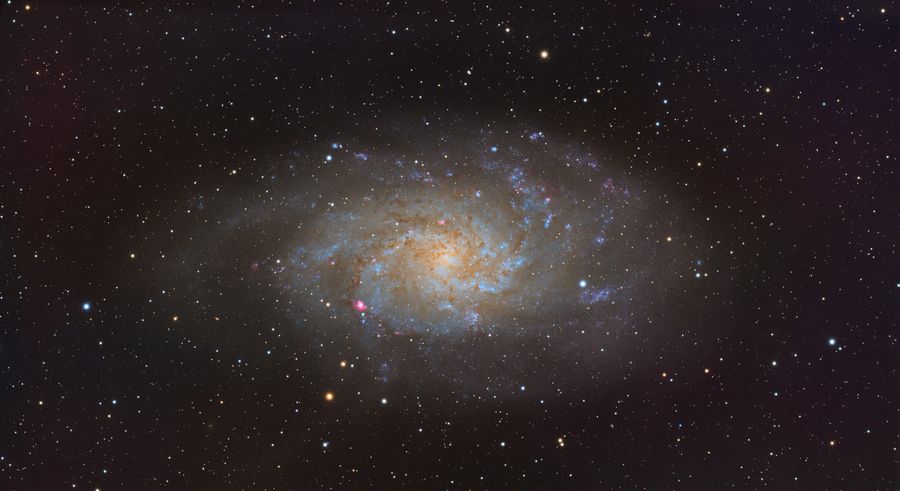 M33 三角座星系：正面朝向的旋涡星系，旋臂松散，散布着亮斑